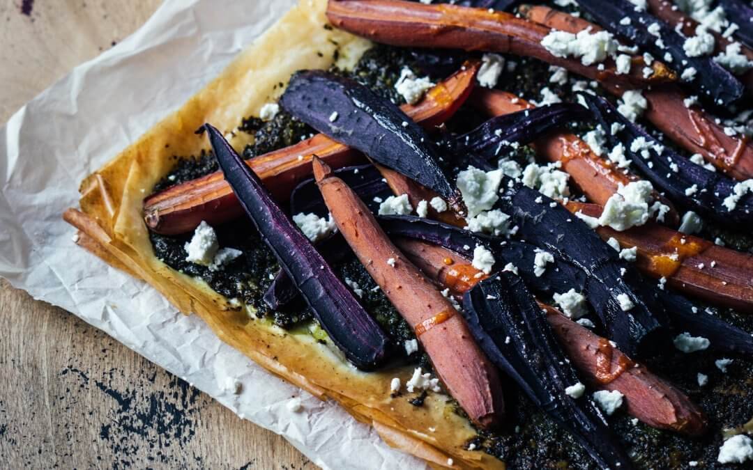 Wortel pesto filodeeg taart